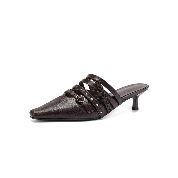 Elegant Leather Braided Strap Square Toe Kitten Heel Mules in Black/Brown/Beige