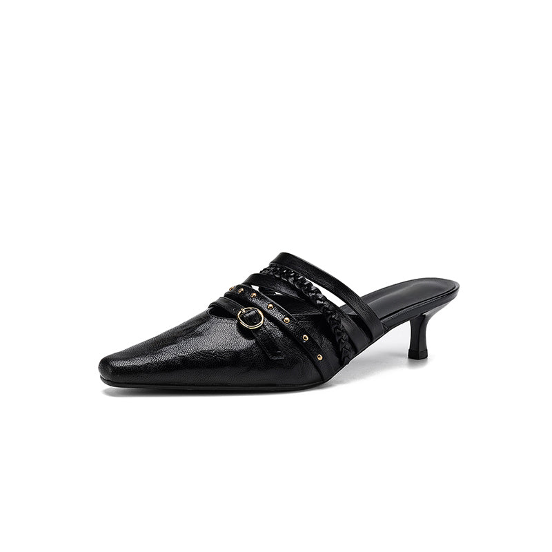 Elegant Leather Braided Strap Square Toe Kitten Heel Mules in Black/Brown/Beige