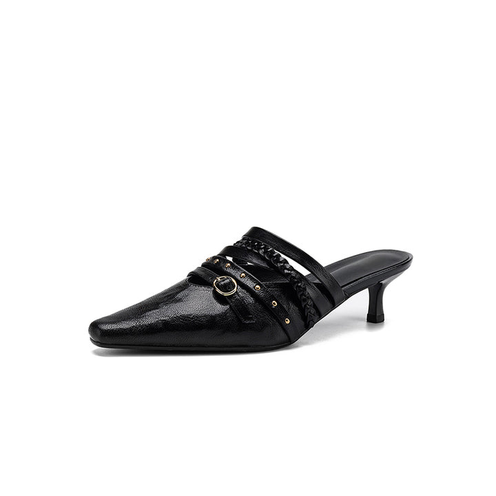 Elegant Leather Braided Strap Square Toe Kitten Heel Mules in Black/Brown/Beige