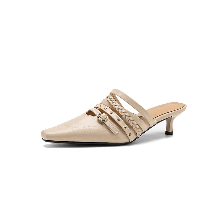 Elegant Leather Braided Strap Square Toe Kitten Heel Mules in Black/Brown/Beige