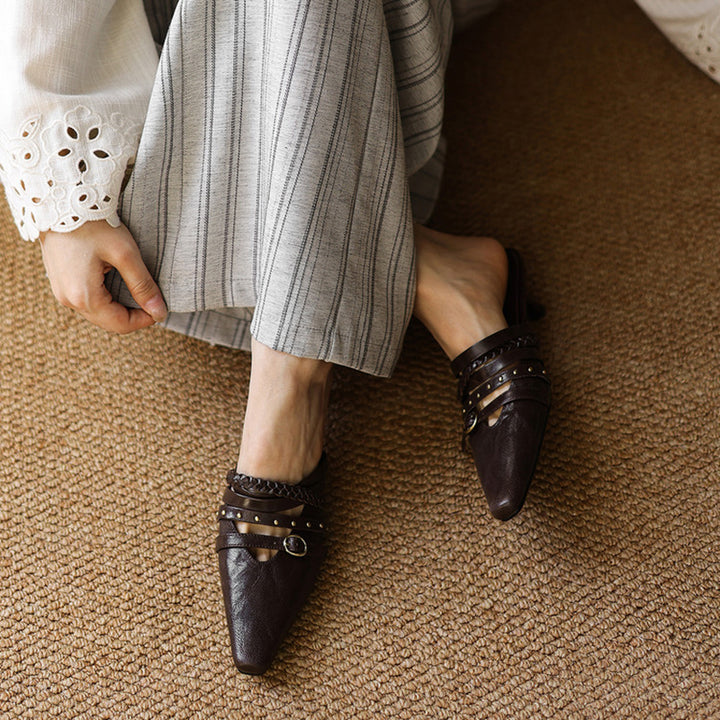 Elegant Leather Braided Strap Square Toe Kitten Heel Mules in Black/Brown/Beige