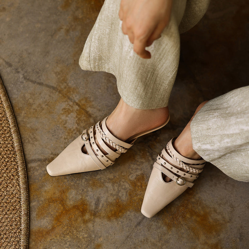 Elegant Leather Braided Strap Square Toe Kitten Heel Mules in Black/Brown/Beige