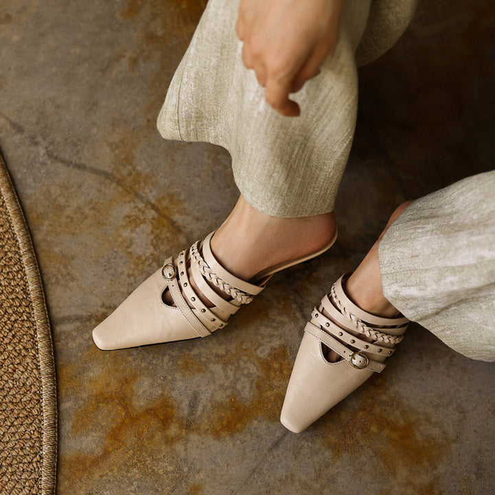 Elegant Leather Braided Strap Square Toe Kitten Heel Mules in Black/Brown/Beige