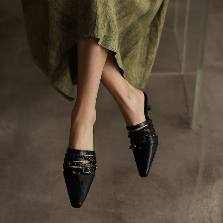 Elegant Leather Braided Strap Square Toe Kitten Heel Mules in Black/Brown/Beige