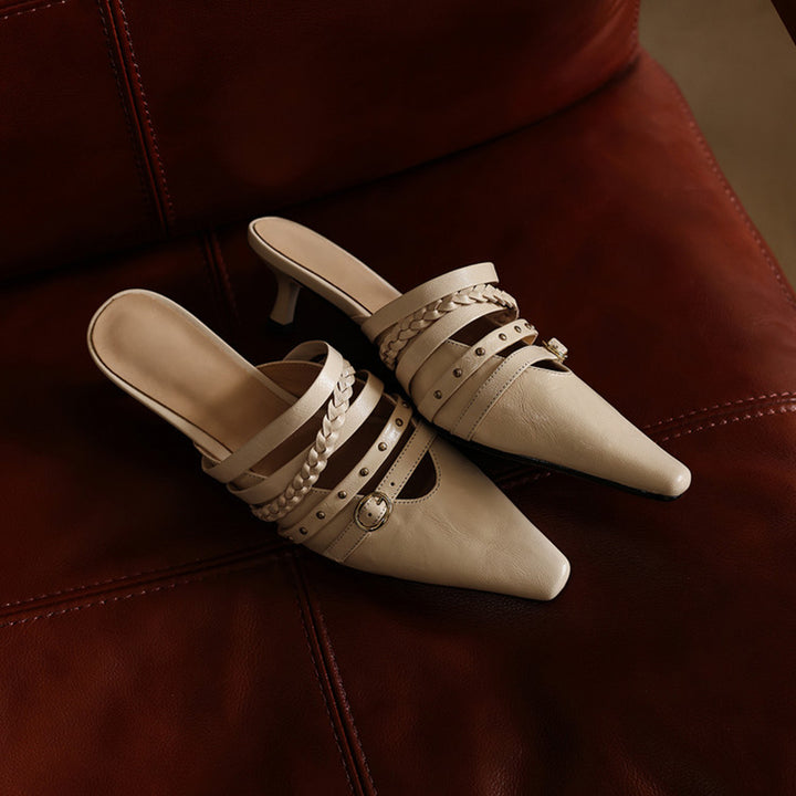 Elegant Leather Braided Strap Square Toe Kitten Heel Mules in Black/Brown/Beige