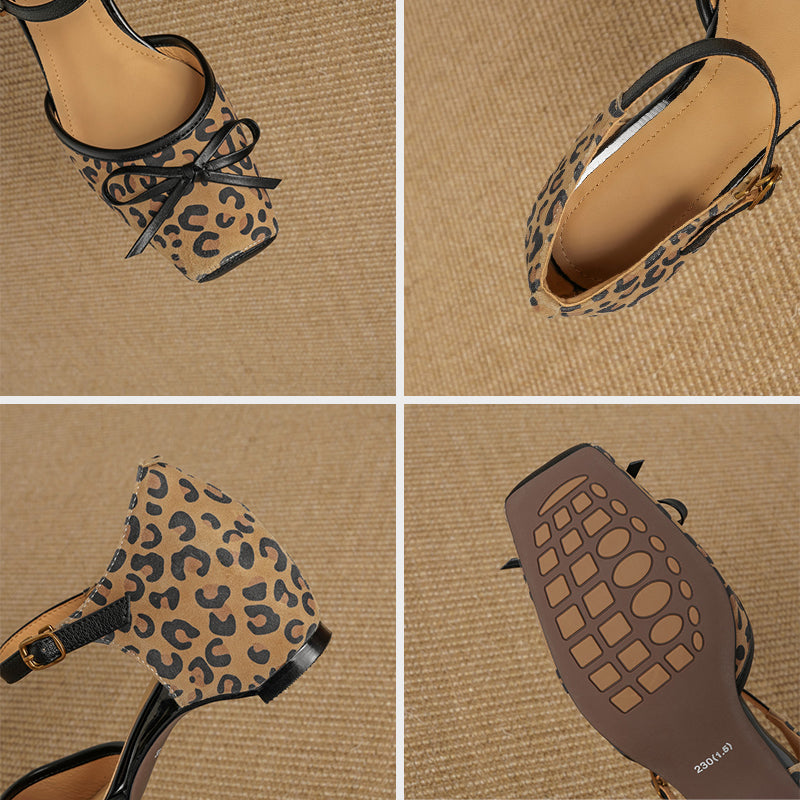 Square Toe Bow Cutout Suede Leather Mary Jane Sandals in Leopard/Brown/Green