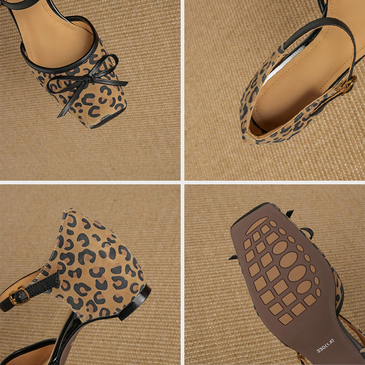 Square Toe Bow Cutout Suede Leather Mary Jane Sandals in Leopard/Brown/Green