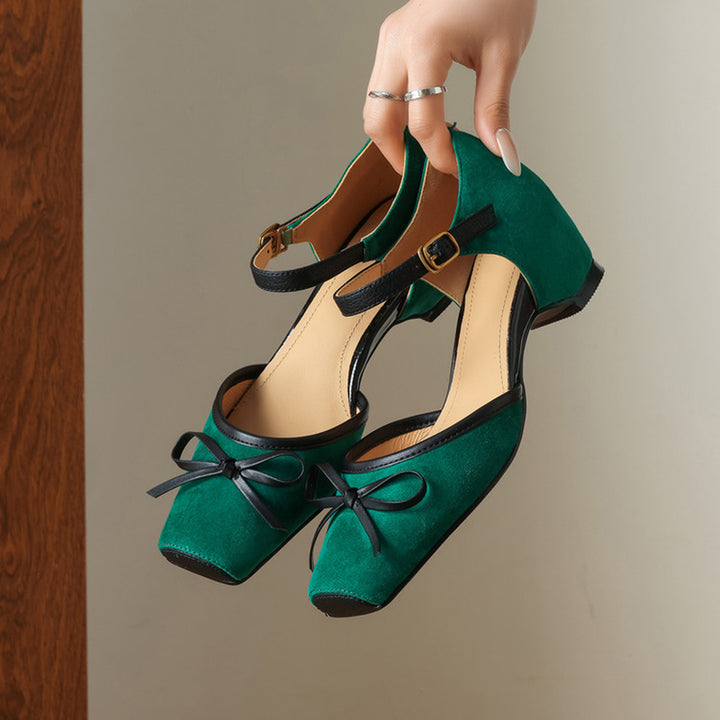 Square Toe Bow Cutout Suede Leather Mary Jane Sandals in Leopard/Brown/Green