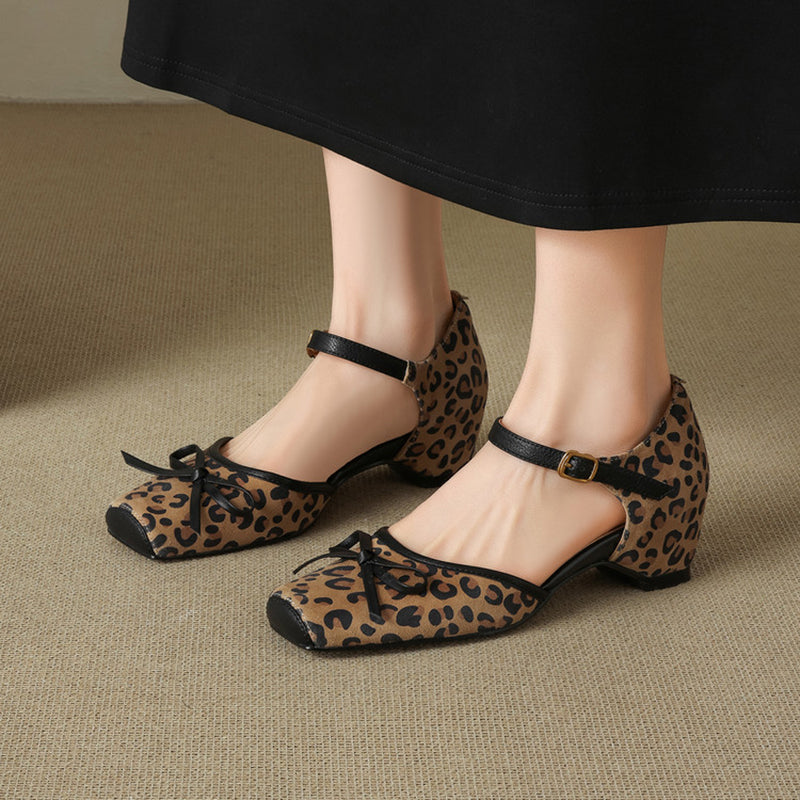 Square Toe Bow Cutout Suede Leather Mary Jane Sandals in Leopard/Brown/Green