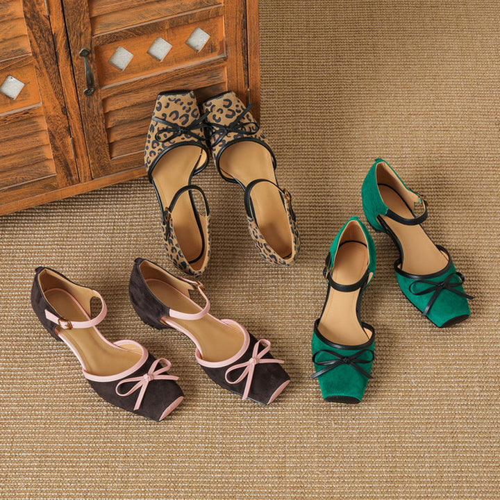 Square Toe Bow Cutout Suede Leather Mary Jane Sandals in Leopard/Brown/Green