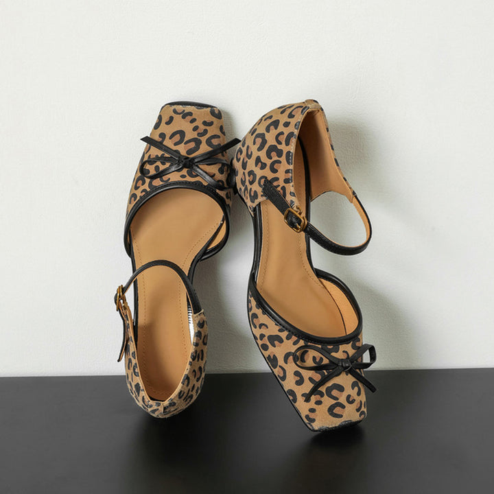 Square Toe Bow Cutout Suede Leather Mary Jane Sandals in Leopard/Brown/Green