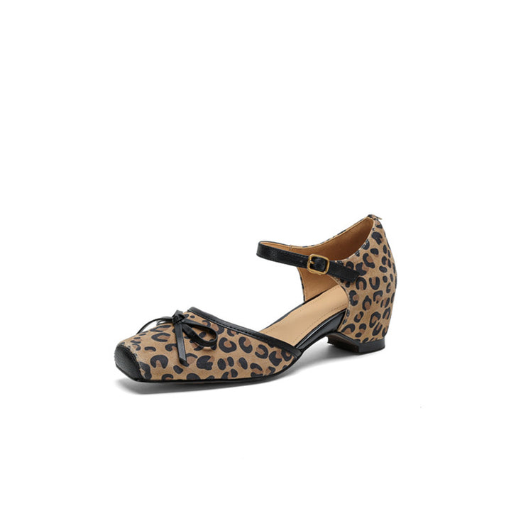 Square Toe Bow Cutout Suede Leather Mary Jane Sandals in Leopard/Brown/Green