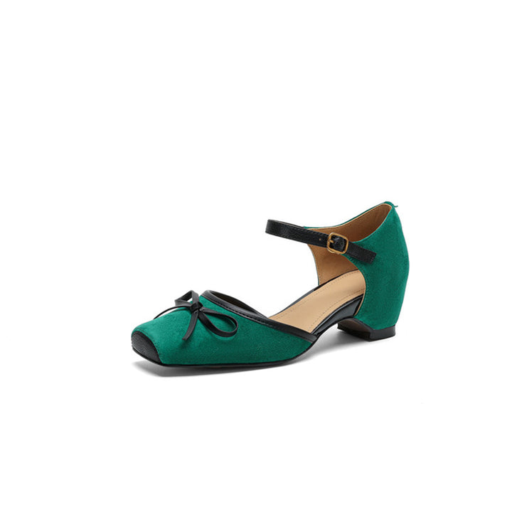 Square Toe Bow Cutout Suede Leather Mary Jane Sandals in Leopard/Brown/Green