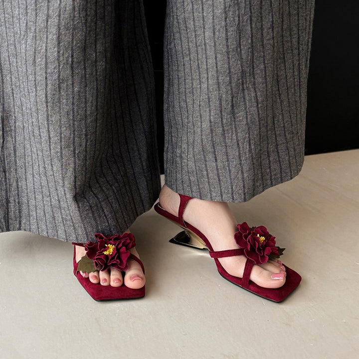 Elegant 3D Peony Floral Suede Leather Slingback Heeled Sandals in Red/Apricot