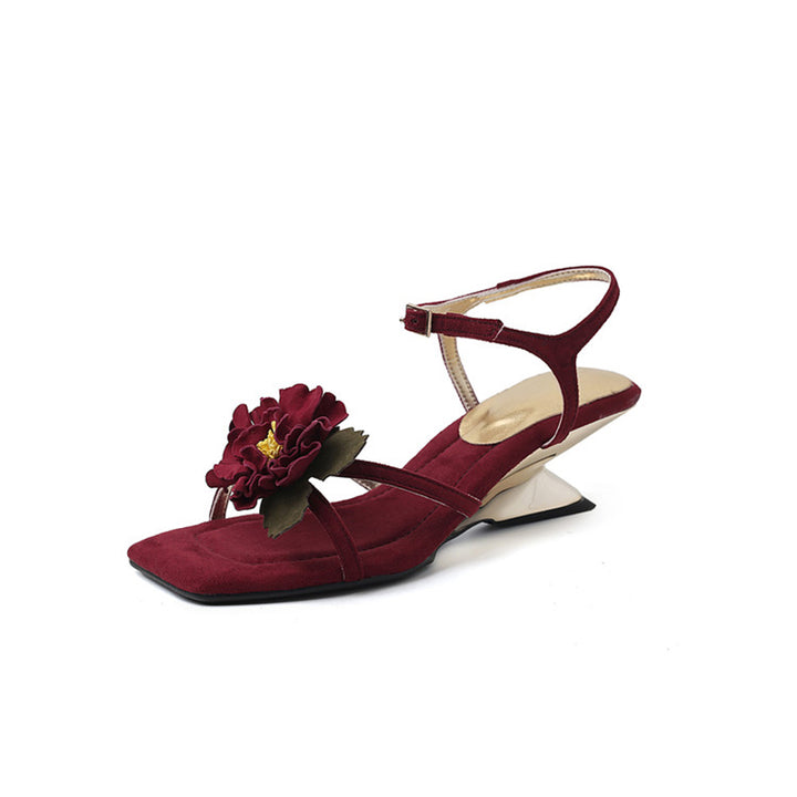 Elegant 3D Peony Floral Suede Leather Slingback Heeled Sandals in Red/Apricot