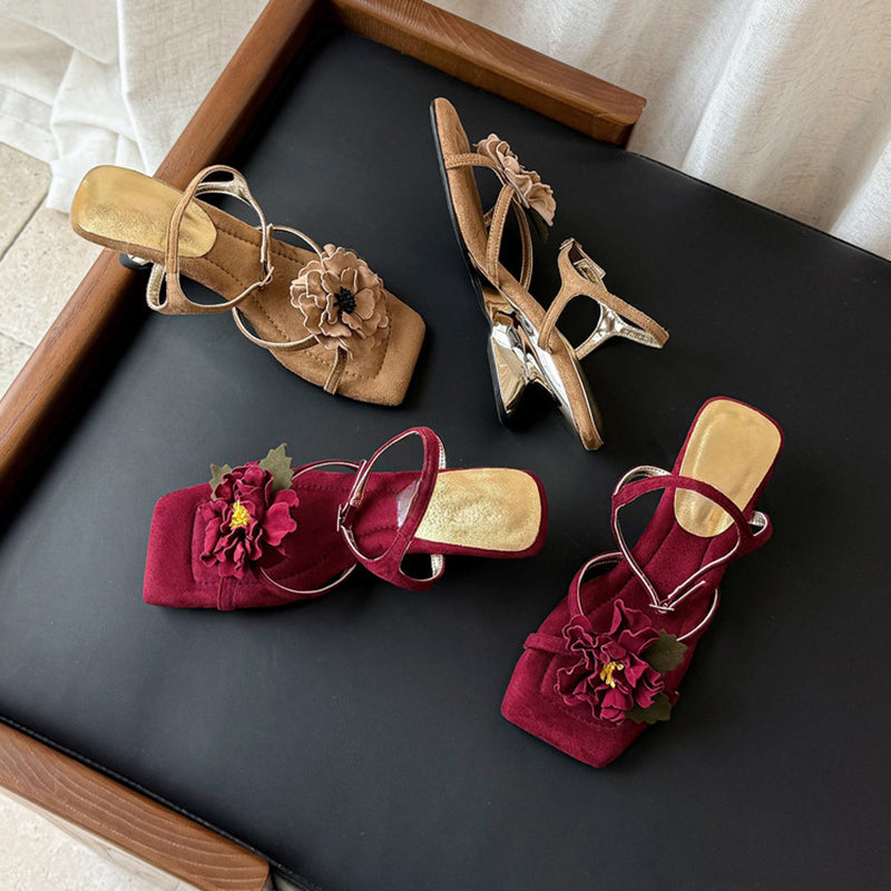 Elegant 3D Peony Floral Suede Leather Slingback Heeled Sandals in Red/Apricot