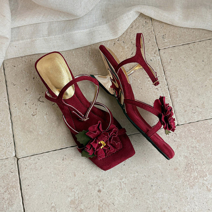 Elegant 3D Peony Floral Suede Leather Slingback Heeled Sandals in Red/Apricot