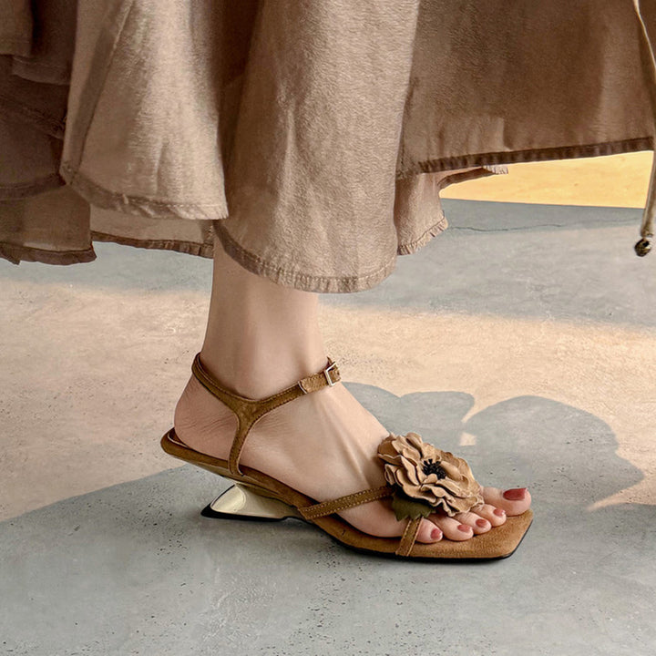 Elegant 3D Peony Floral Suede Leather Slingback Heeled Sandals in Red/Apricot