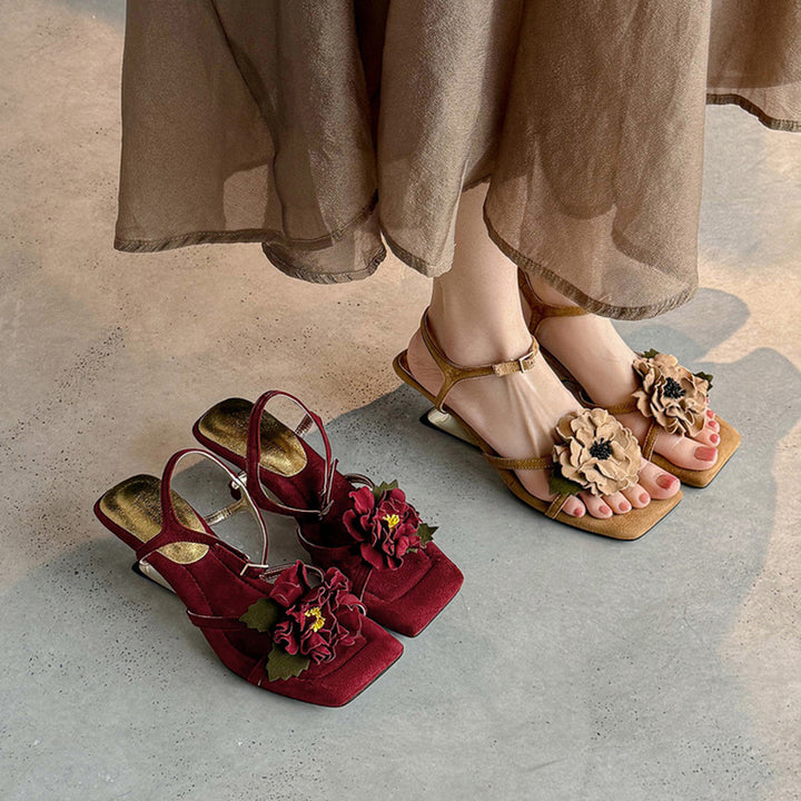 Elegant 3D Peony Floral Suede Leather Slingback Heeled Sandals in Red/Apricot