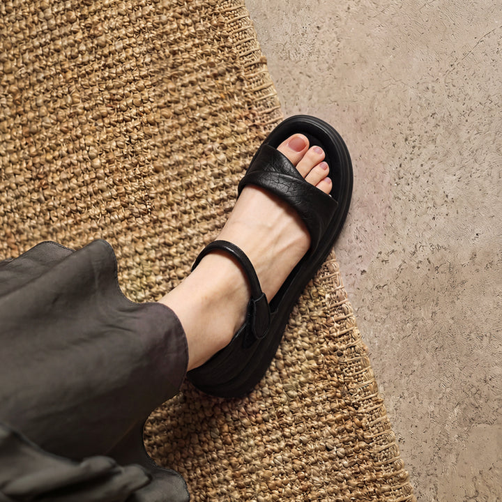 Vintage Open Toe Sheepskin Leather Platform Sandals with Velcro in Dark Brown/Black