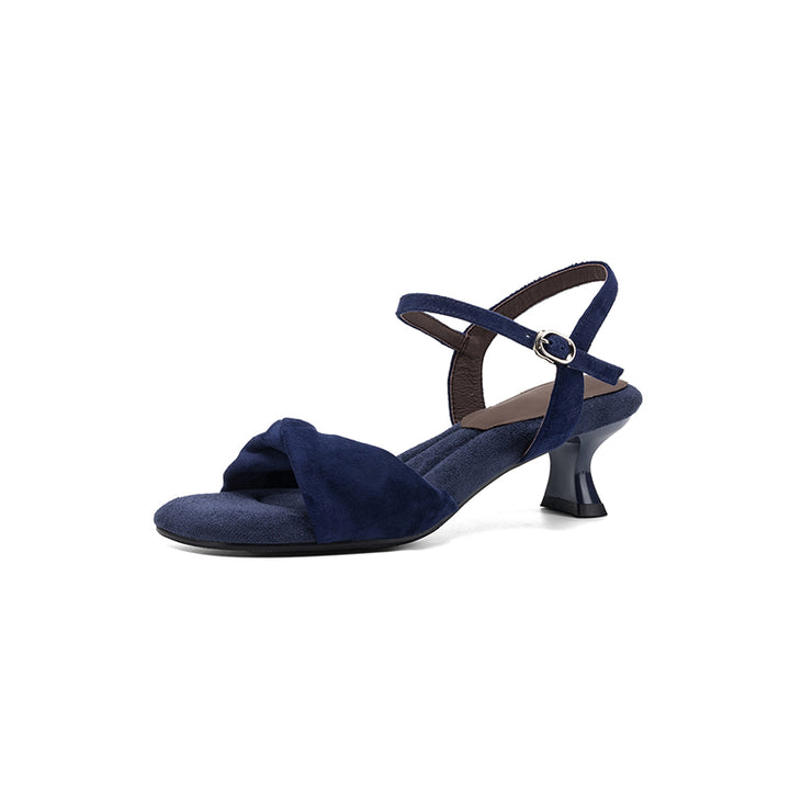 Vintage Suede Slingback Sandals Square Toe Twist Front Kitten Heel Shoes in Brown/Blue