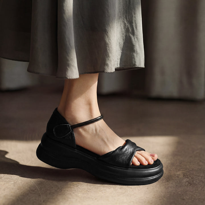 Vintage Open Toe Sheepskin Leather Platform Sandals with Velcro in Dark Brown/Black