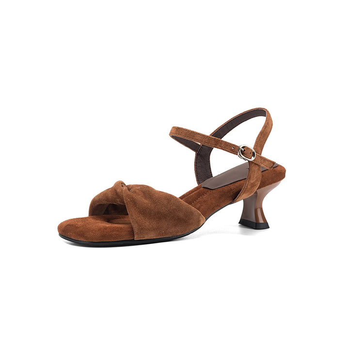 Vintage Suede Slingback Sandals Square Toe Twist Front Kitten Heel Shoes in Brown/Blue