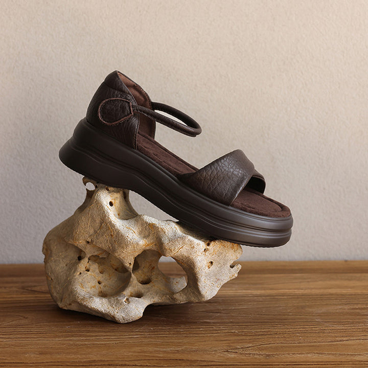 Vintage Open Toe Sheepskin Leather Platform Sandals with Velcro in Dark Brown/Black