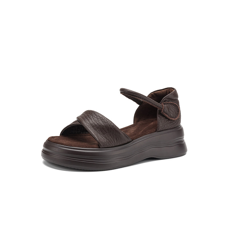 Vintage Open Toe Sheepskin Leather Platform Sandals with Velcro in Dark Brown/Black