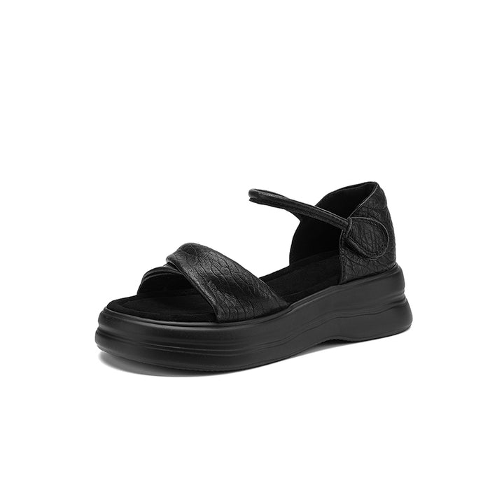 Vintage Open Toe Sheepskin Leather Platform Sandals with Velcro in Dark Brown/Black