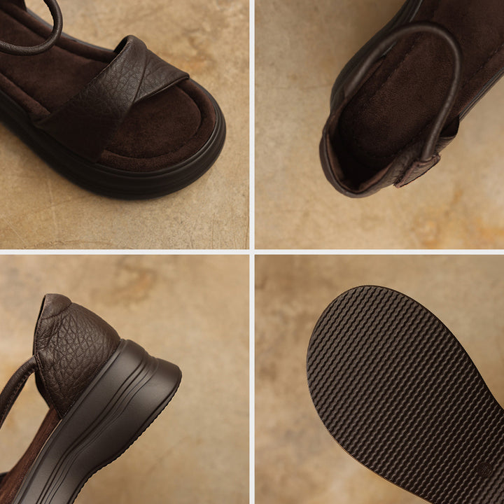 Vintage Open Toe Sheepskin Leather Platform Sandals with Velcro in Dark Brown/Black
