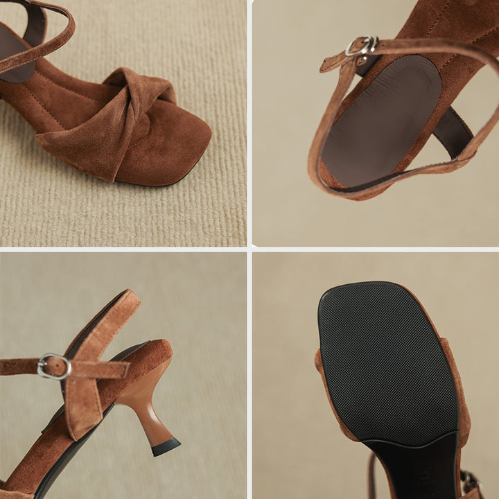 Vintage Suede Slingback Sandals Square Toe Twist Front Kitten Heel Shoes in Brown/Blue