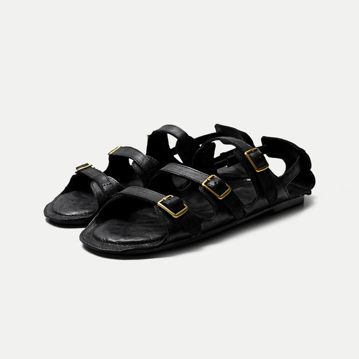 Open Toe Triple Buckle Leather Roman Flat Sandals for Summer in Black/Wine Red/Beige