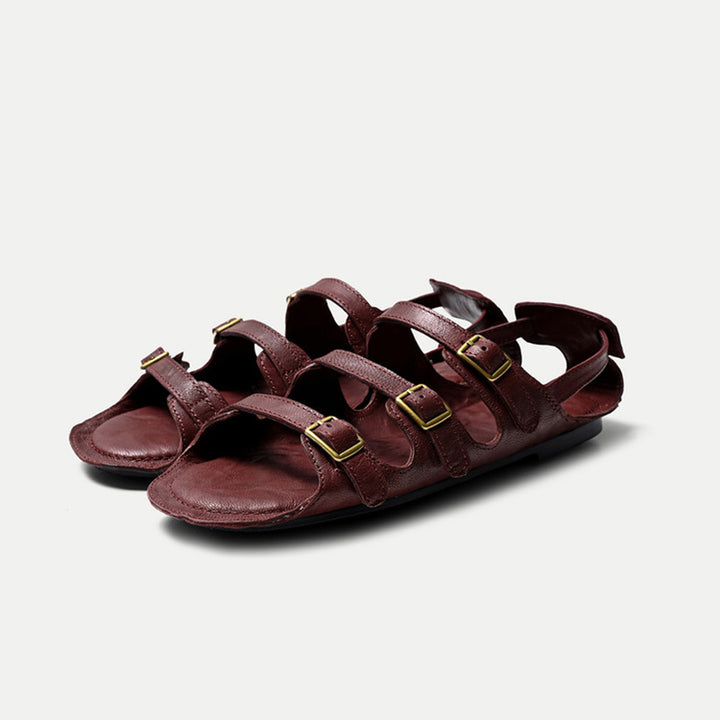 Open Toe Triple Buckle Leather Roman Flat Sandals for Summer in Black/Wine Red/Beige