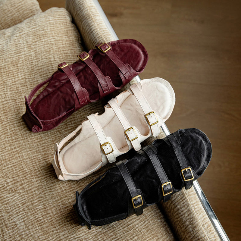 Open Toe Triple Buckle Leather Roman Flat Sandals for Summer in Black/Wine Red/Beige