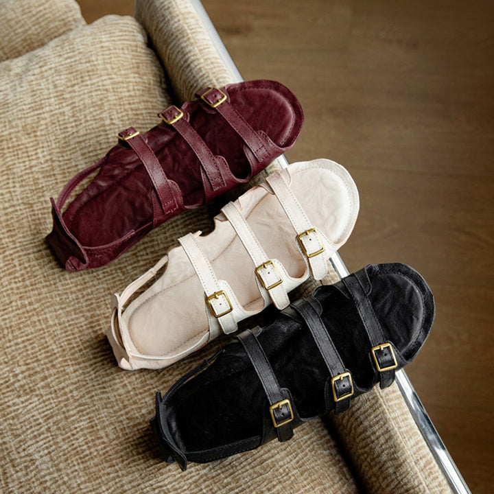 Open Toe Triple Buckle Leather Roman Flat Sandals for Summer in Black/Wine Red/Beige