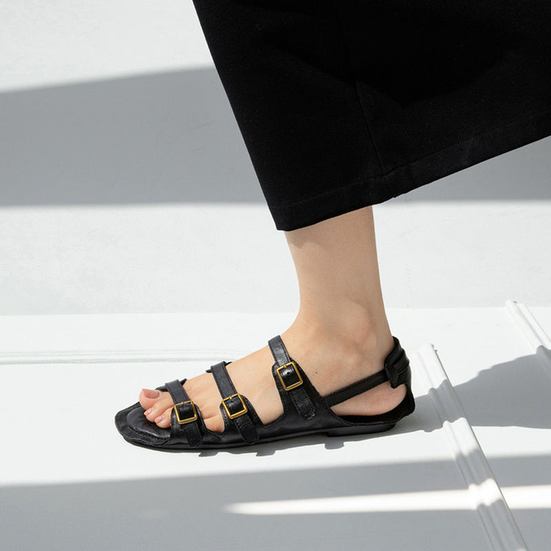 Open Toe Triple Buckle Leather Roman Flat Sandals for Summer in Black/Wine Red/Beige