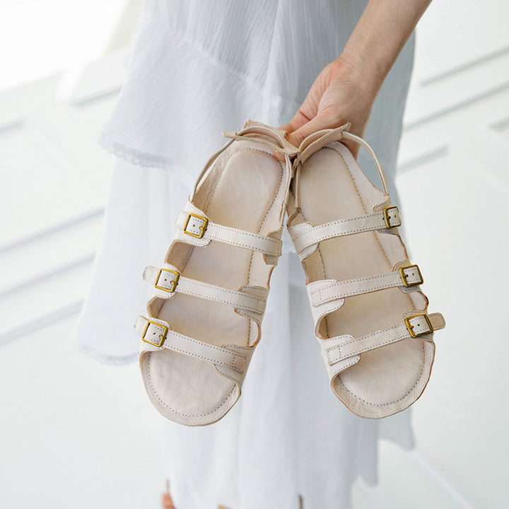 Open Toe Triple Buckle Leather Roman Flat Sandals for Summer in Black/Wine Red/Beige