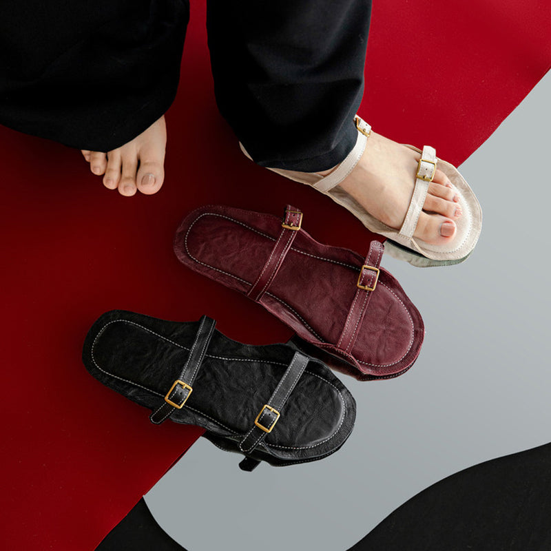 Minimalist Leather Double Buckle Strap Mules Flat Slide Sandals in Black/Beige/Wine Red