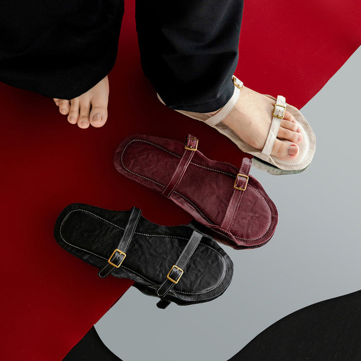 Minimalist Leather Double Buckle Strap Mules Flat Slide Sandals in Black/Beige/Wine Red