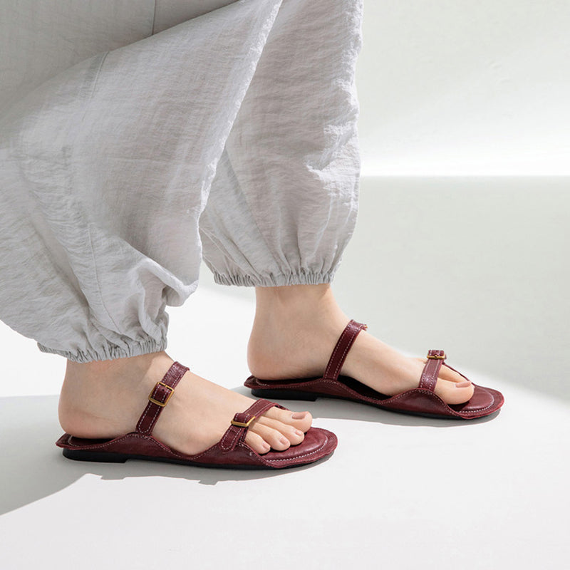Minimalist Leather Double Buckle Strap Mules Flat Slide Sandals in Black/Beige/Wine Red