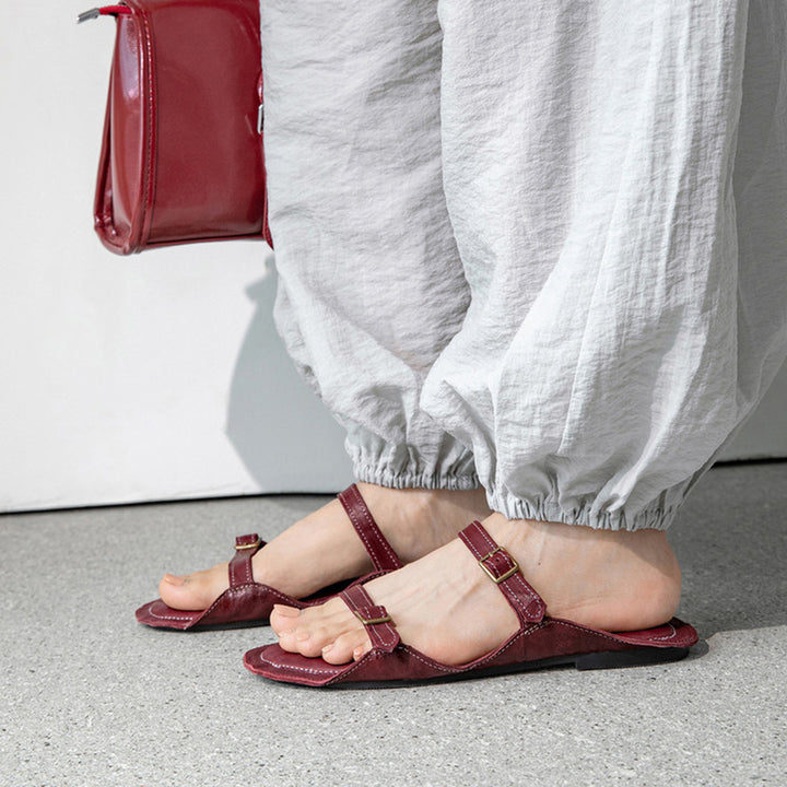 Minimalist Leather Double Buckle Strap Mules Flat Slide Sandals in Black/Beige/Wine Red