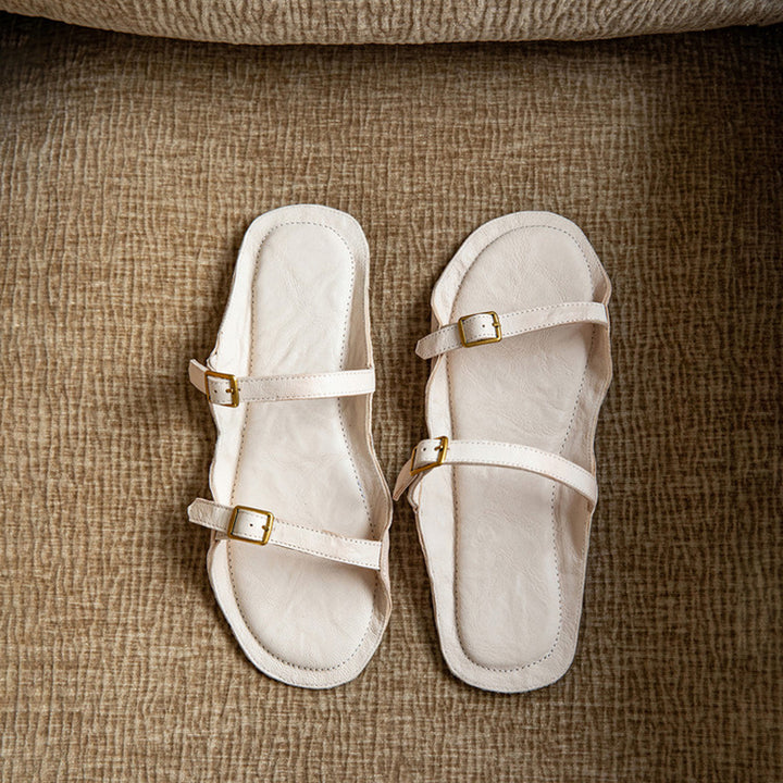 Minimalist Leather Double Buckle Strap Mules Flat Slide Sandals in Black/Beige/Wine Red