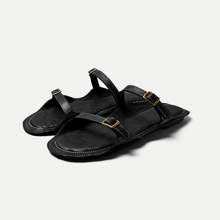 Minimalist Leather Double Buckle Strap Mules Flat Slide Sandals in Black/Beige/Wine Red