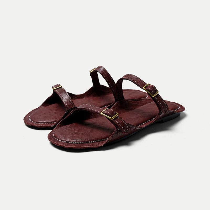 Minimalist Leather Double Buckle Strap Mules Flat Slide Sandals in Black/Beige/Wine Red