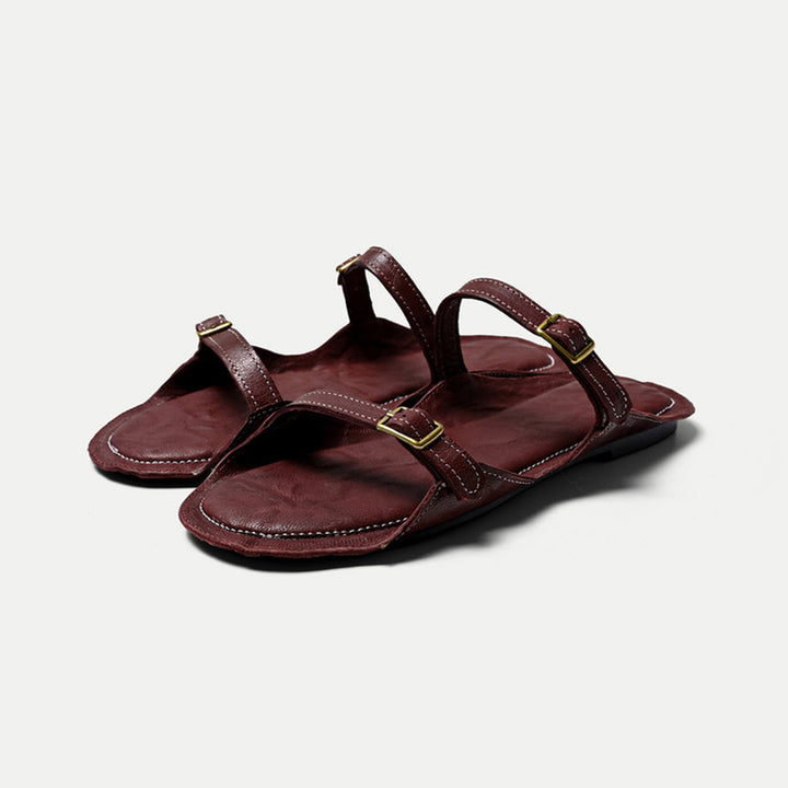 Minimalist Leather Double Buckle Strap Mules Flat Slide Sandals in Black/Beige/Wine Red