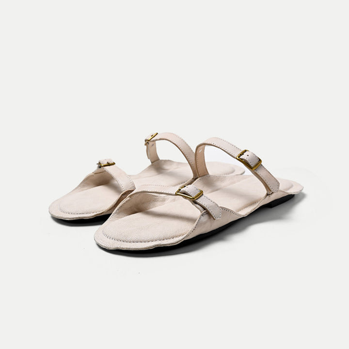Minimalist Leather Double Buckle Strap Mules Flat Slide Sandals in Black/Beige/Wine Red