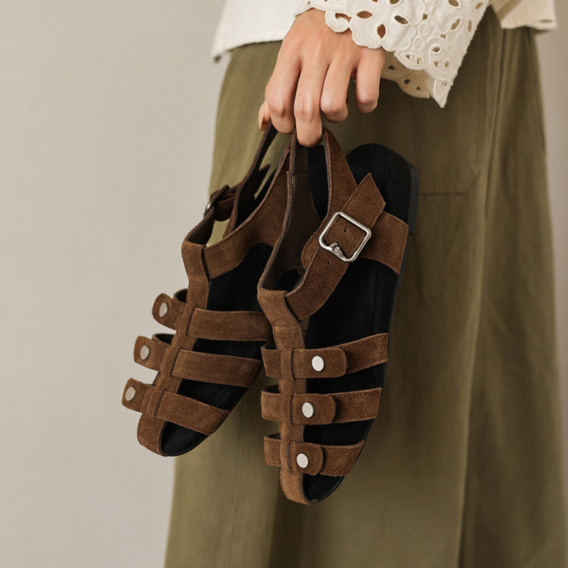 Suede Leather Closed Toe Gladiator Slingback Sandals with Hidden Wedge in Apricot/Dark Brown