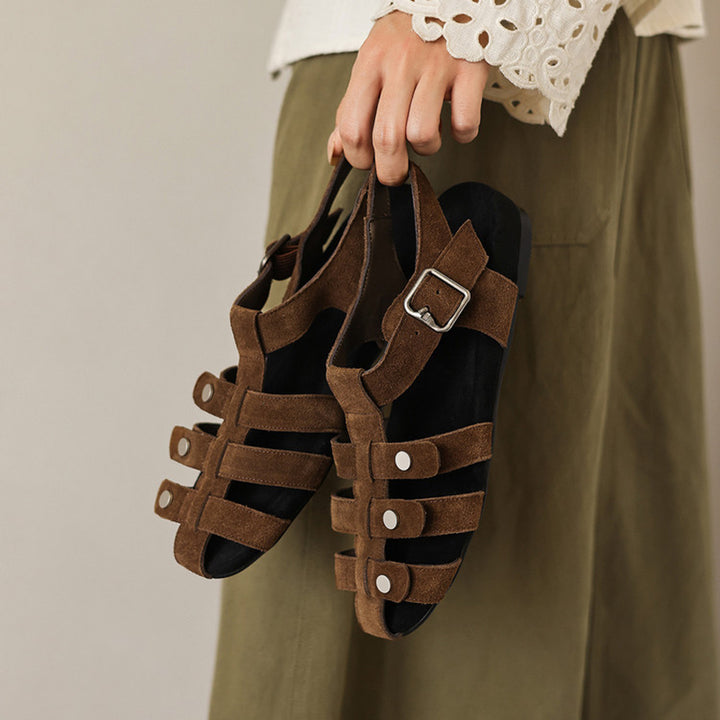 Suede Leather Closed Toe Gladiator Slingback Sandals with Hidden Wedge in Apricot/Dark Brown