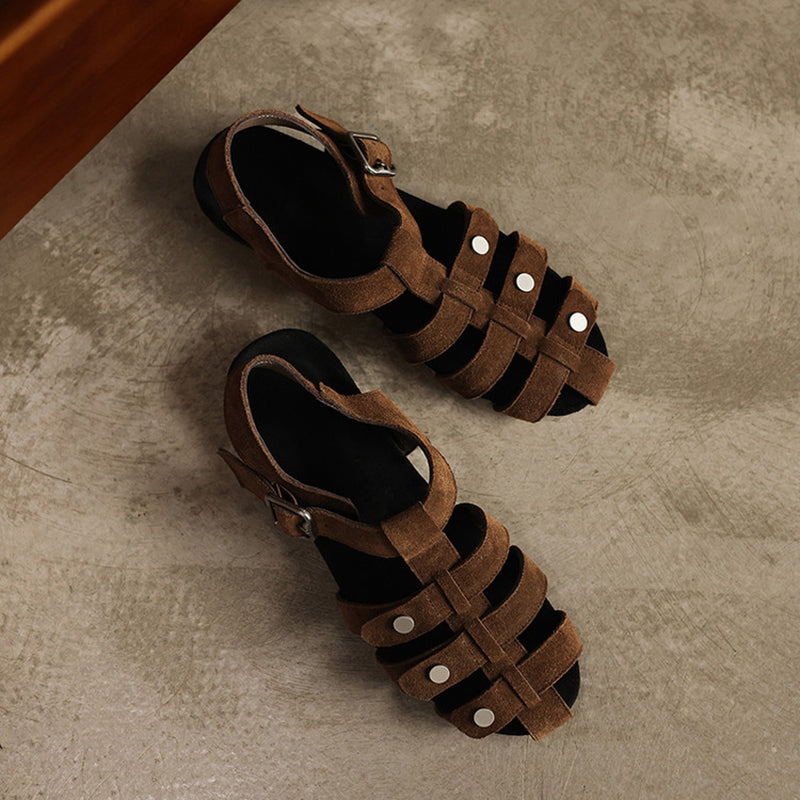 Suede Leather Closed Toe Gladiator Slingback Sandals with Hidden Wedge in Apricot/Dark Brown